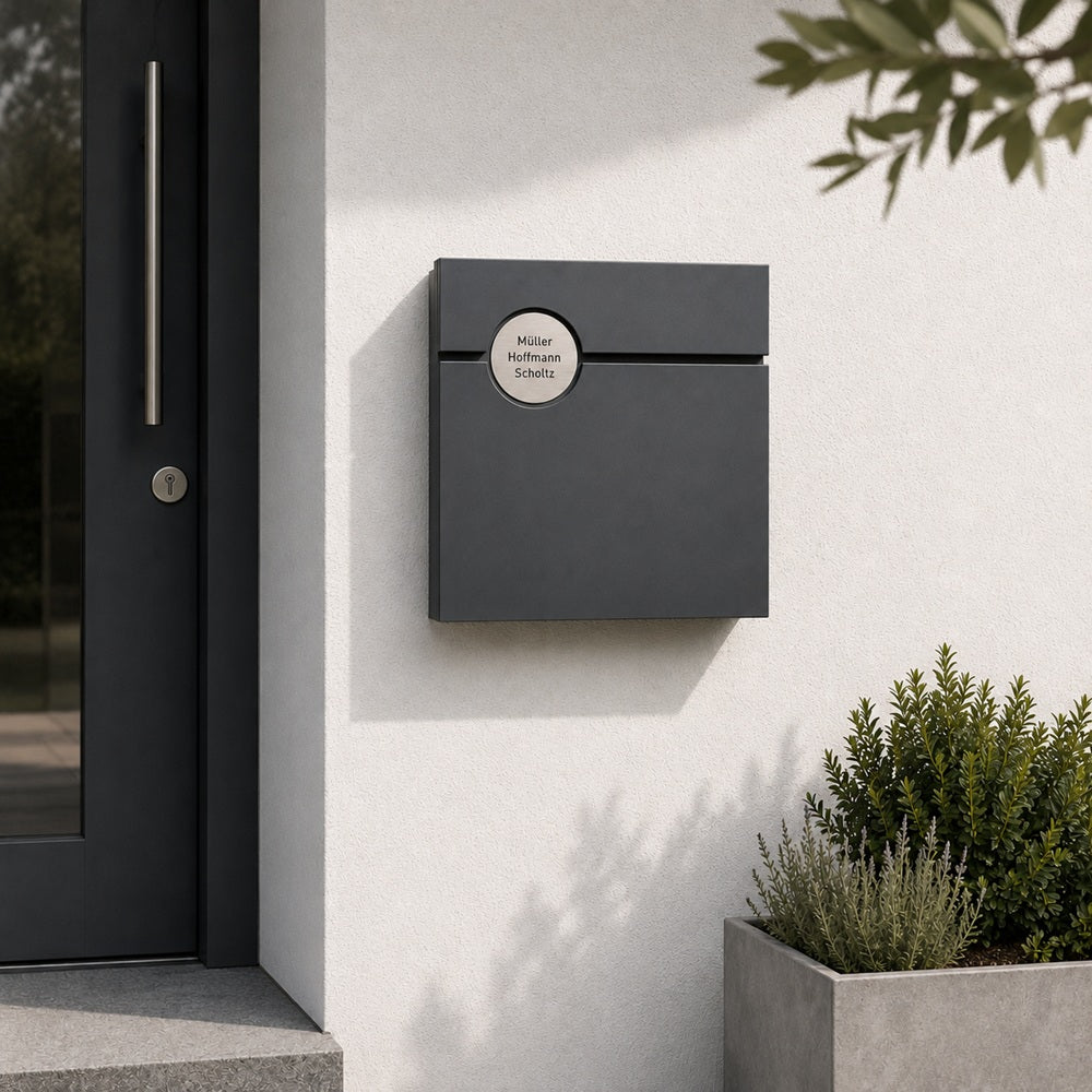 Letterman 6 rund Anthrazit – Ambientebild an der Hauswand
