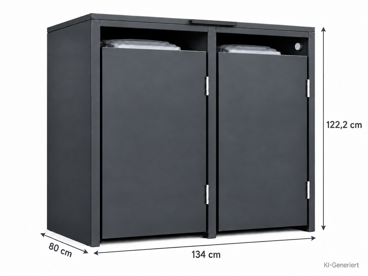 2er Mülltonnenbox Anthrazit mit schwarzem Griff – Maße 134 × 80 × 122,2 cm