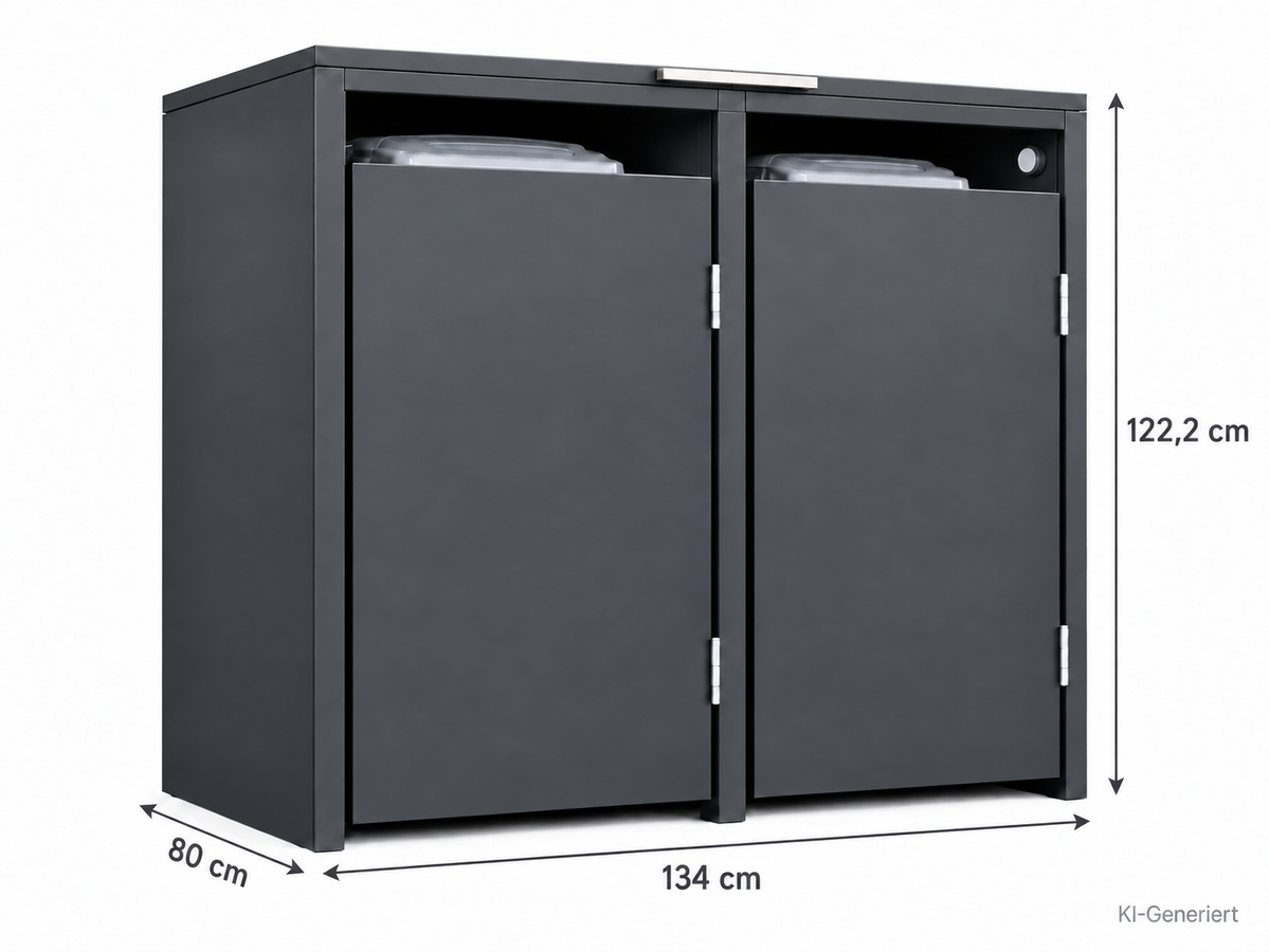 2er Mülltonnenbox Anthrazit mit silbernem Griff – Maße 134 × 80 × 122,2 cm