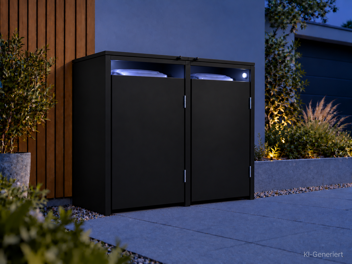 2er Mülltonnenbox Schwarz in einer modernen Einfahrt am Abend
