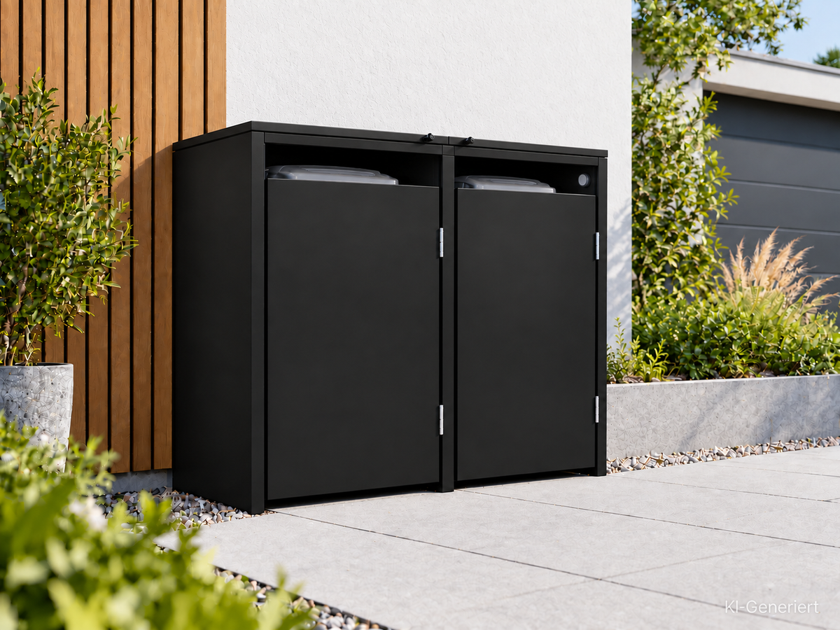 2er Mülltonnenbox Schwarz in einer modernen Einfahrt vor Holzfassade bei Tageslicht