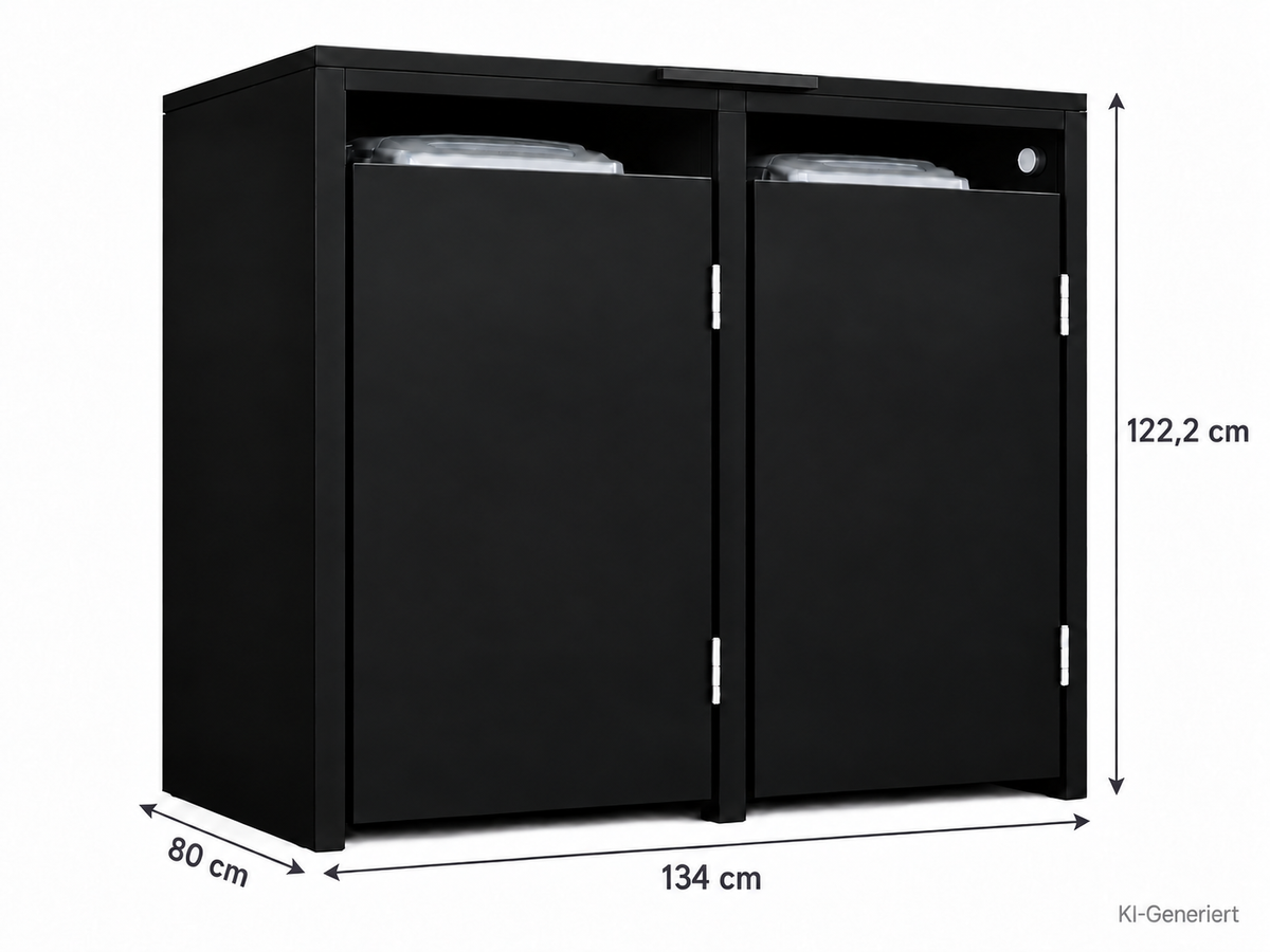 2er Mülltonnenbox Schwarz mit schwarzem Griff – Maße 134 × 80 × 122,2 cm