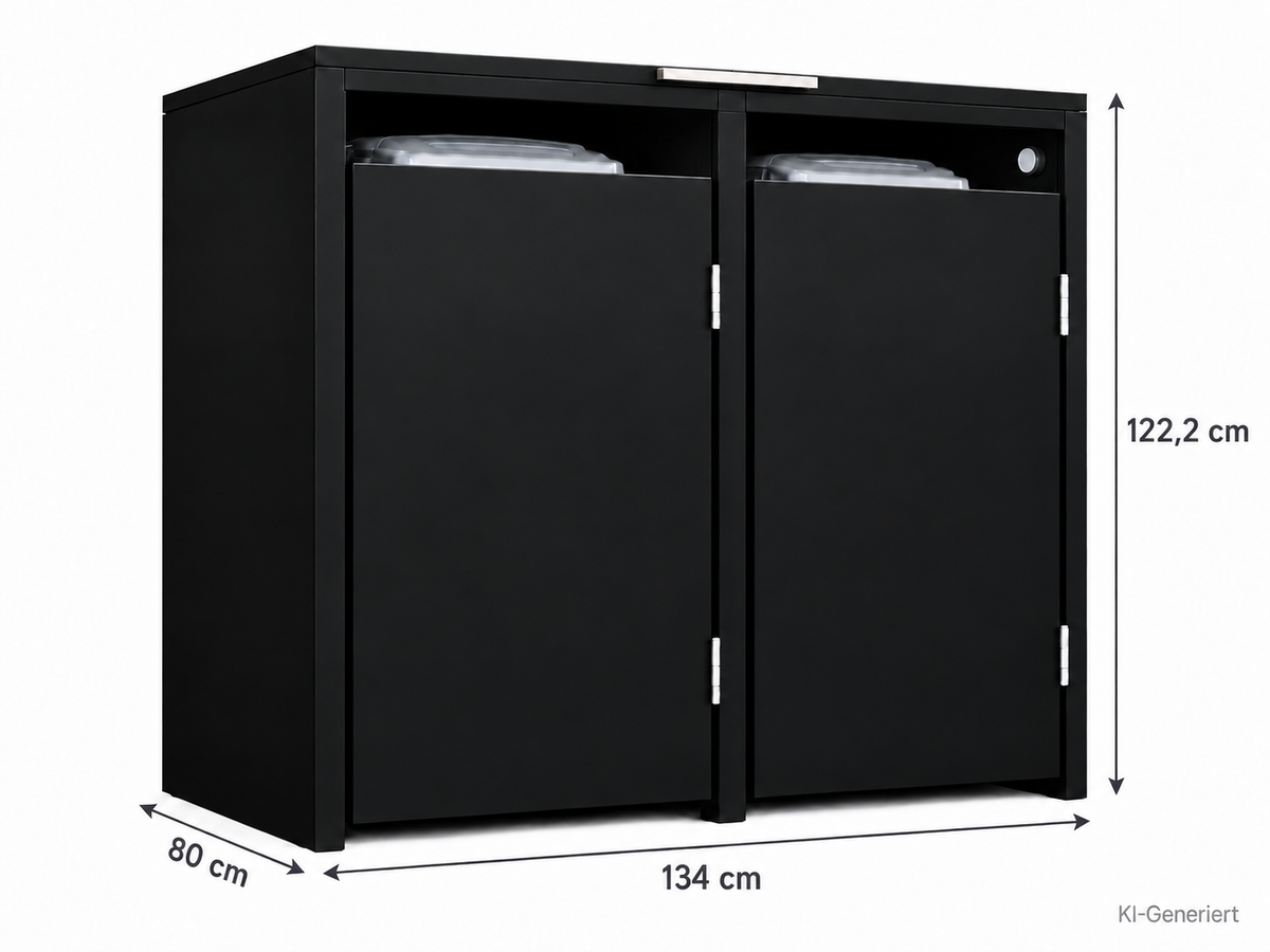 2er Mülltonnenbox Schwarz mit silbernem Griff – Maße 134 × 80 × 122,2 cm