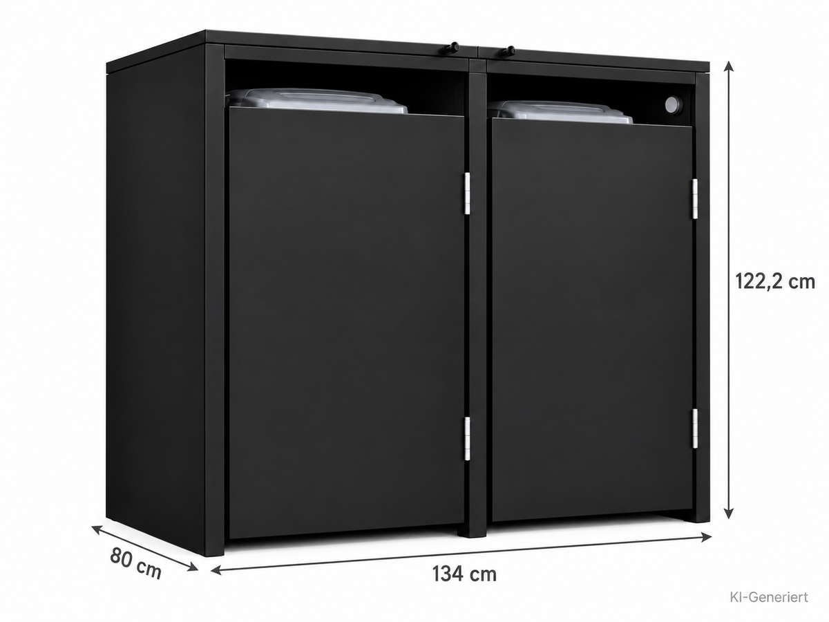 2er Mülltonnenbox Schwarz – Maßzeichnung: Breite 134 cm, Tiefe 80 cm, Höhe 122,2 cm