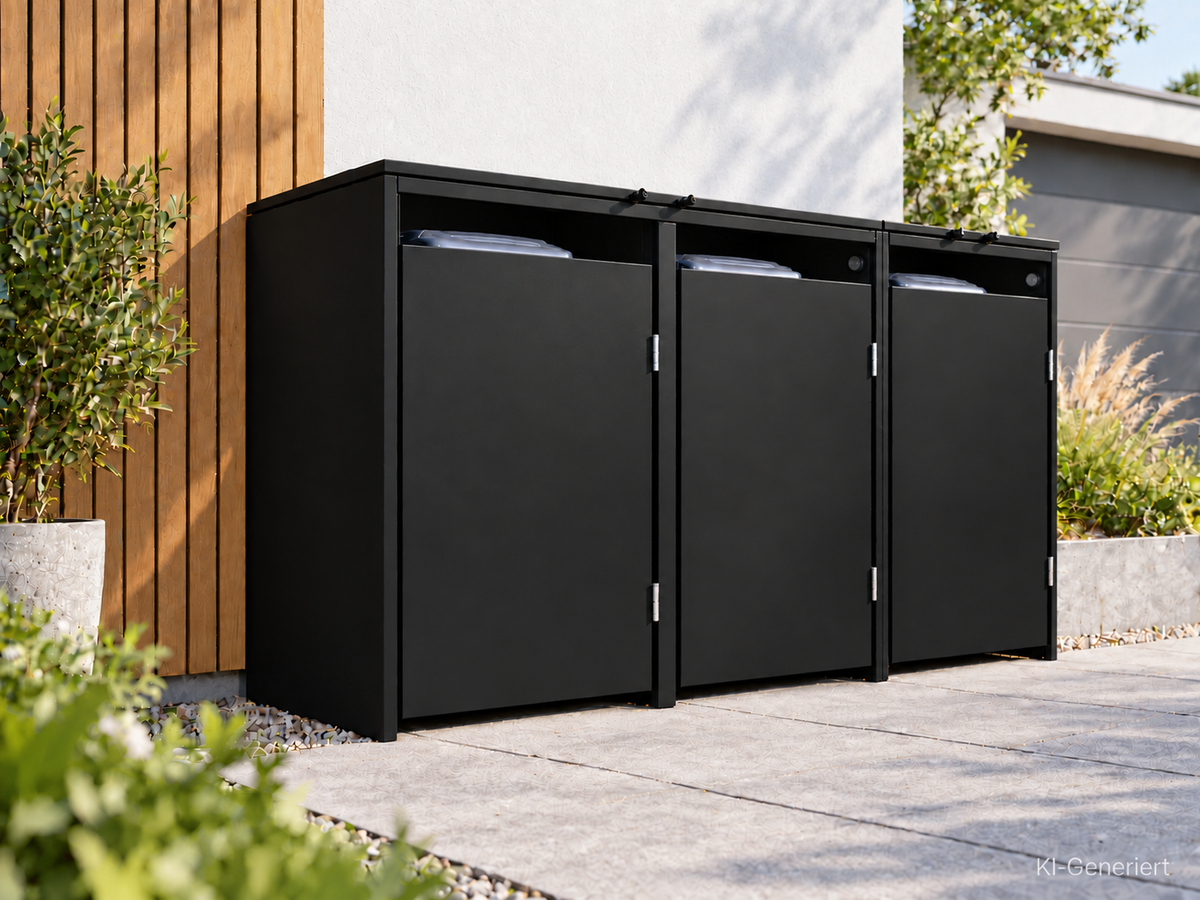 3er Mülltonnenbox Schwarz in einer modernen Einfahrt vor Holzfassade bei Tageslicht