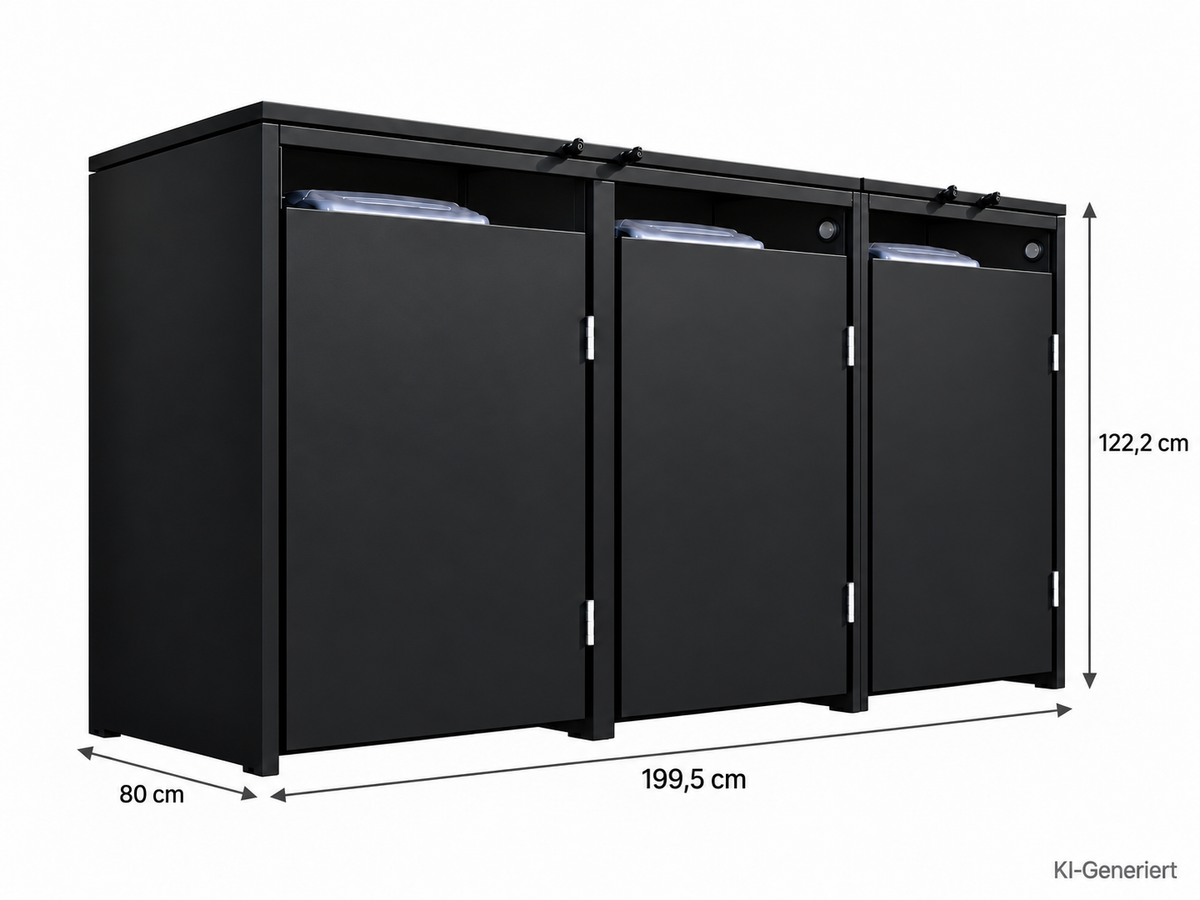 3er Mülltonnenbox Schwarz – Maßzeichnung: Breite 199,5 cm, Tiefe 80 cm, Höhe 122,2 cm