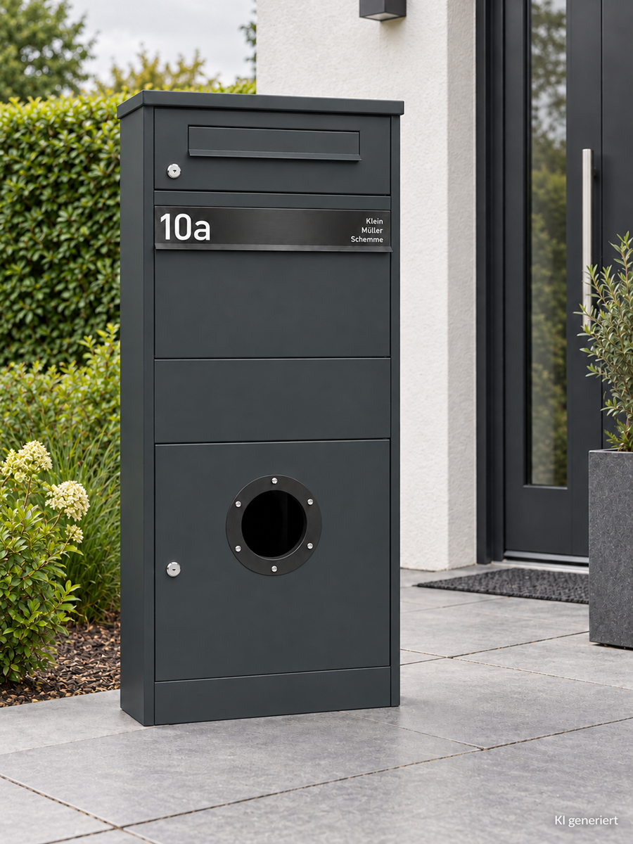 Paketbriefkasten Letterman 3 Anthrazit mit schwarzem Griff freistehend im Eingangsbereich vor einer Hauswand