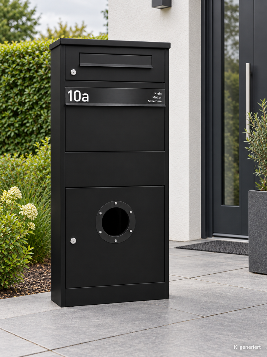 Paketbriefkasten Letterman 3 Schwarz mit schwarzem Griff freistehend neben der Haustür