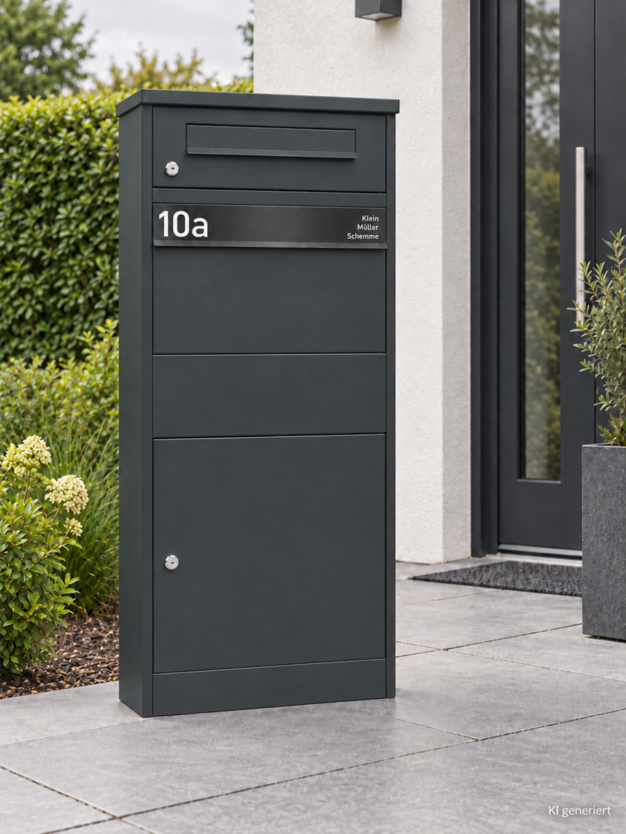 Paketbriefkasten Letterman 4 Anthrazit mit schwarzem Griff freistehend im Eingangsbereich
