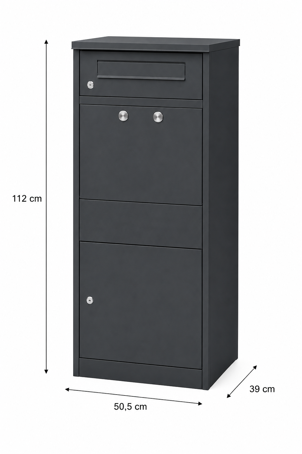 Paketbriefkasten Letterman 4 Anthrazit – Maßzeichnung 112 × 50,5 × 39 cm