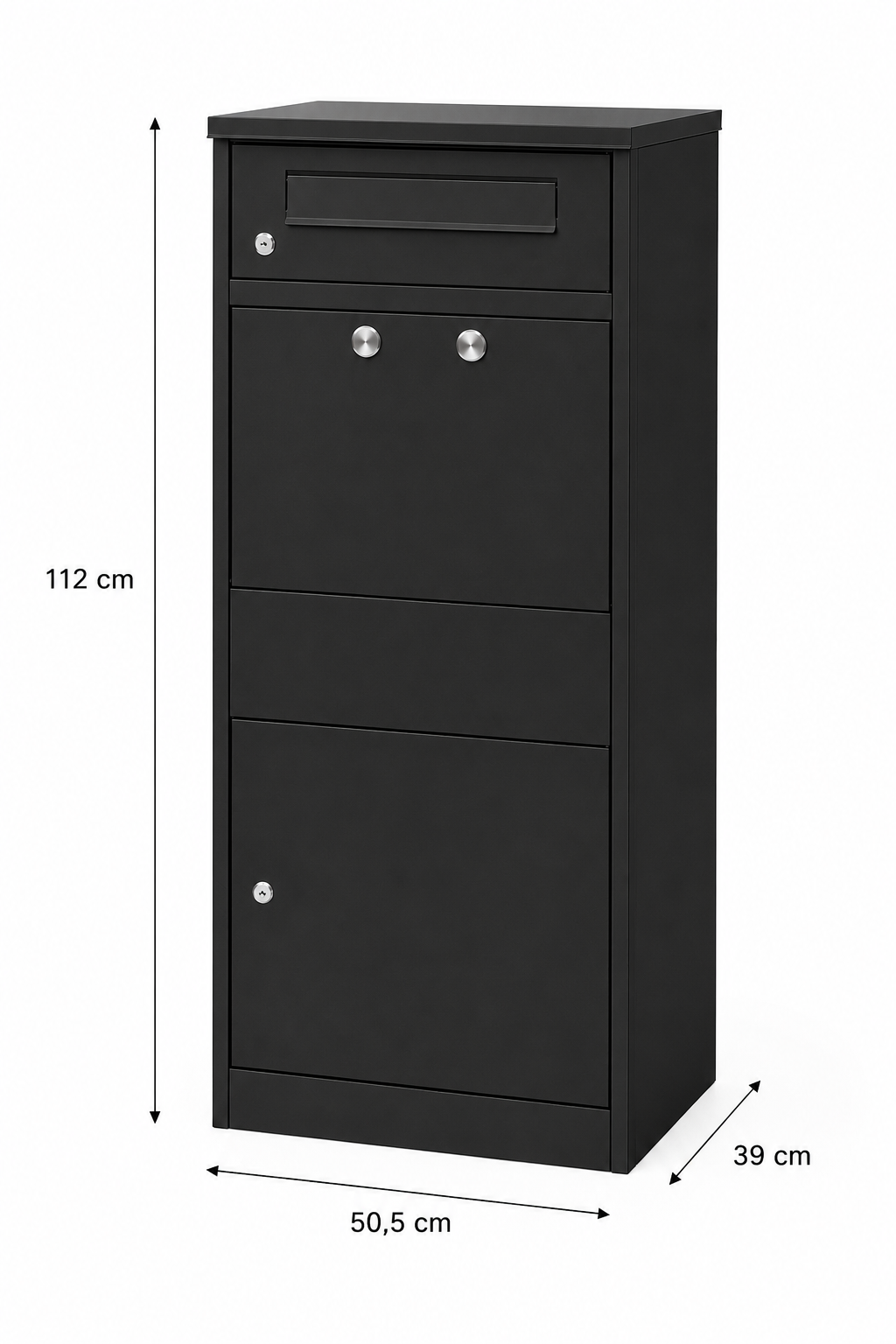 Paketbriefkasten Letterman 4 Schwarz – Maßzeichnung 112 × 50,5 × 39 cm